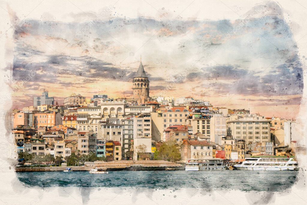 Istanbul, Turkey. Scenery of Galata district with the famous Galata Tower over the Golden Horn. Watercolor style illustration