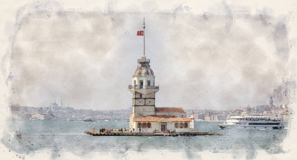 Maiden's tower and shore at Istanbul, Turkey at day on Bosphorus. Watercolor style illustration