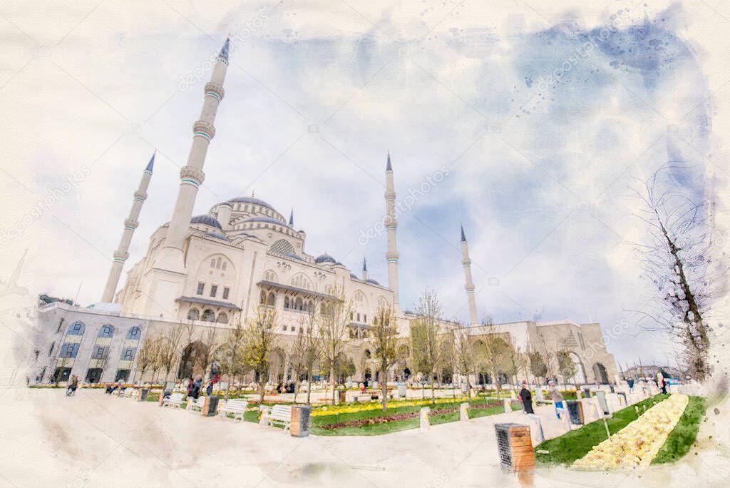 Camlica Mosque. The new mosque and the biggest in Istanbul, Turkey. Located on the beautiful Buyuk Camlica Tepesi hill. Watercolor style illustration