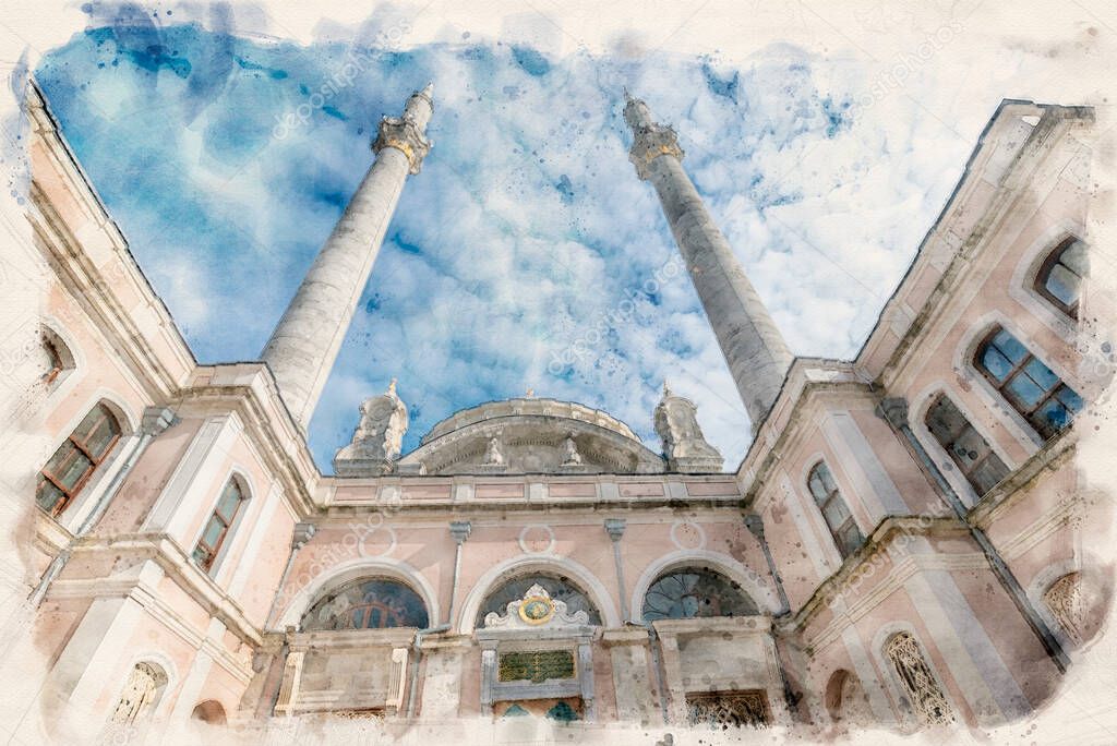 Ortakoy mosque in Istanbul, Turkey. Watercolor style illustration