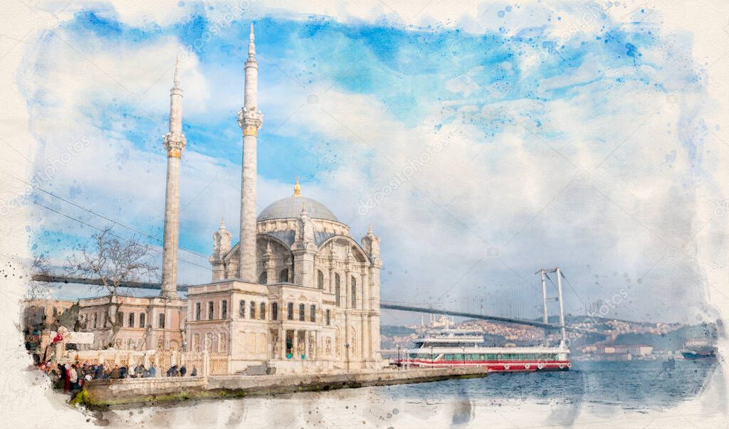 Ortakoy mosque and Bosphorus bridge in Istanbul, Turkey. Watercolor style illustration
