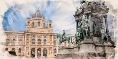 Viyana, Avusturya. Maria Theresa Meydanı 'ndaki (Maria-Theresien-Platz) Wien' de Sanat Tarihi Müzesi (Kunsthistorisches Museum). Suluboya biçimi illüstrasyonu