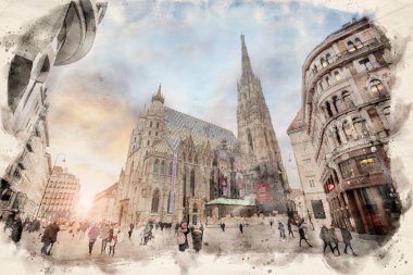 Avusturya, Viyana 'daki St. Stephen Katedrali suluboya resimleme. Stephansdom 'un çizimi, bir Roma Katolik kilisesi.