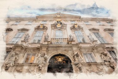 Eski Viyana, Avusturya, Orta Avrupa 'daki Altes Rathaus (Eski belediye binası). Barok heykelleri olan tarihi bir binanın cephesi. Suluboya biçimi illüstrasyonu
