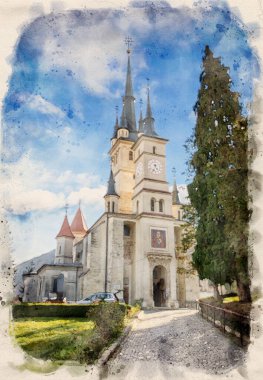 Sf. Romanya 'nın Brasov kentindeki Nicolae Kilisesi (Aziz Nicholas) Unirii Meydanı yakınlarında. Rumen Ortodoks Kilisesi. Suluboya biçimi illüstrasyonu
