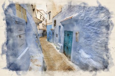 CheFCHAOUEN, suluboya stilinde MoroCCO. Geleneksel Fas mimari detayları ve boyalı evler. Çiçekli sokak ve kemerli parlak mavi duvarlar. Mavi şehir