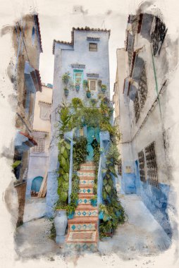 CheFCHAOUEN, suluboya stilinde MoroCCO. Geleneksel Fas mimari detayları ve boyalı evler. Çiçekli sokak ve kemerli parlak mavi duvarlar. Mavi şehir