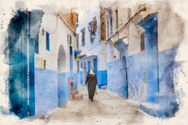 CheFCHAOUEN, suluboya stilinde MoroCCO. Geleneksel Fas mimari detayları ve boyalı evler. Çiçekli sokak ve kemerli parlak mavi duvarlar. Mavi şehir