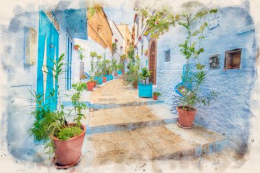 CheFCHAOUEN, suluboya stilinde MoroCCO. Geleneksel Fas mimari detayları ve boyalı evler. Çiçekli sokak ve kemerli parlak mavi duvarlar. Mavi şehir