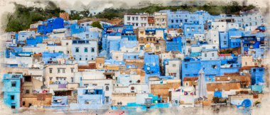 CheFCHAOUEN, suluboya stilinde MoroCCO. Geleneksel Fas mimari detayları ve boyalı evler. Kemerli parlak mavi duvarlar. Mavi şehir
