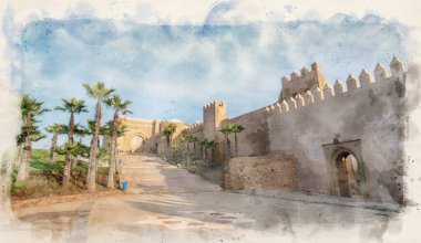 Udayas 'ın Kasbah' ı (Oudayas) Rabat, Fas 'taki antik kalede suluboya stilinde resmedilmiştir.