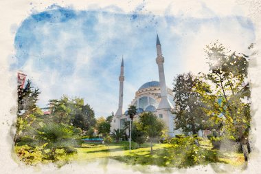 Şkoder 'deki Ebu Bekir Camii (Şeyh Abdullah Zamil veya Büyük Camii), Şkoder' deki Cemaat-i Şerif. Suluboya biçimi illüstrasyonu