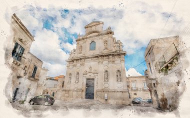 Lecce, Puglia, Italy. Church di Santa Maria della Provvidenza o delle Alcantarine. Catholic roman church (chiesa). Watercolor style illustration clipart