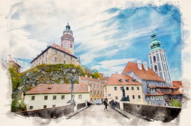 Cesky Krumlov, Çek Cumhuriyeti. Tarihi Cesky Krumlov şehrinin UNESCO Dünya Mirası Bölgesi 'ndeki ünlü Cesky Krumlov Kalesi manzarası. Suluboya biçimi illüstrasyonu