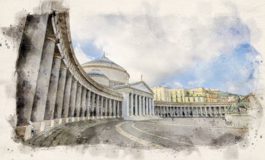 İtalya 'nın Napoli kentinde (Napoli, İtalya) Plebiscito Meydanı (Piazza del Plebiscito). San Francesco di Paola Kilisesi. Suluboya biçimi illüstrasyonu