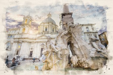 Roma, İtalya. Fontana del Nettuno (Neptün Çeşmesi) ve Piazza Navona 'daki Mısırlı dikilitaş ve Sant Agnese Kilisesi ile birlikte Dört Nehir Çeşmesi. Suluboya biçimi illüstrasyonu