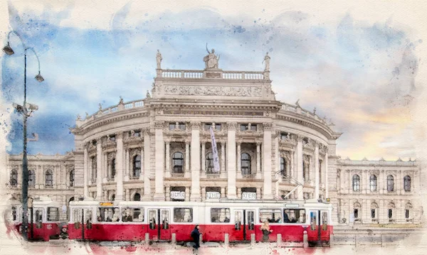 Avusturya 'nın başkenti Viyana' da tarihi BurgTheatre (İmparatorluk Sarayı Tiyatrosu) ve geleneksel kırmızı tramvayı ile Wiener Ringstrasse. Suluboya biçimi illüstrasyonu