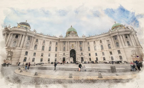 Imperial Hofburg palace and pedestrian zone Herrengasse in Vienna, Austria. Watercolor style illustration