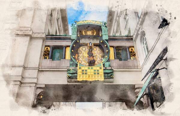 Астрономические часы Ankeruhr (Анкер часы) в Старом городе Вены, Австрия. Эти часы были построены и спроектированы Францем фон Матчем. Акварель