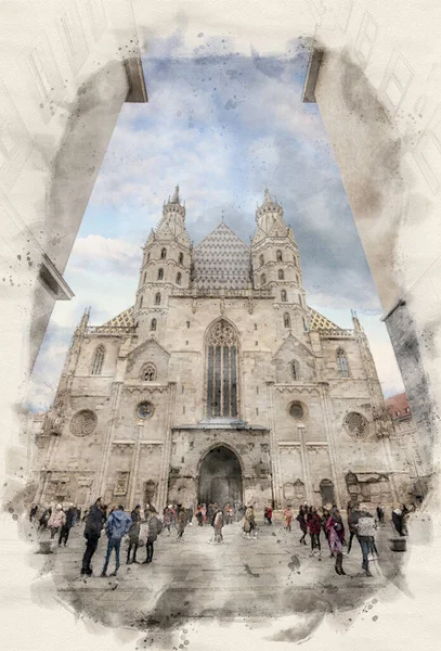 Catedrala Ștefan Din Viena Austria Ilustrație Acuarelă Schița Lui Stephansdom — Fotografie, imagine de stoc