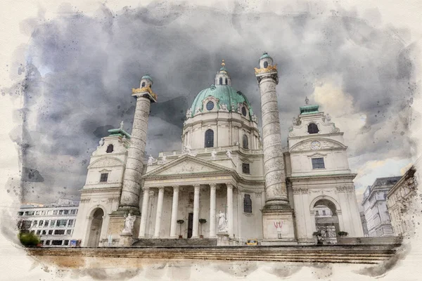 Szent Károly Templom Wiener Karlskirche Bécsi Karlsplatz Ausztriában Akvarell Stílusú — Stock Fotó