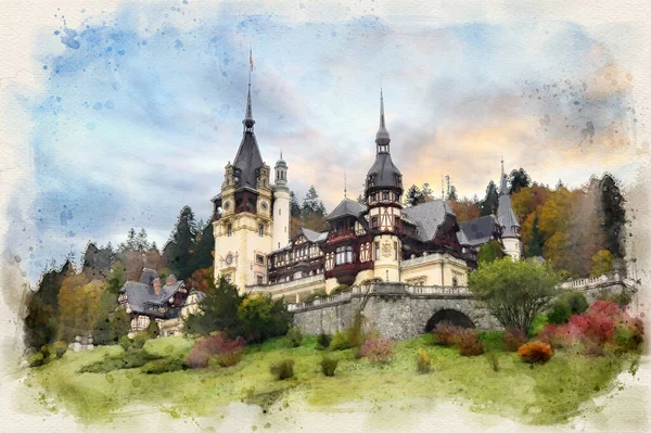 Château Peles Sinaia Roumanie Dans Illustration Style Aquarelle Repère Des — Photo