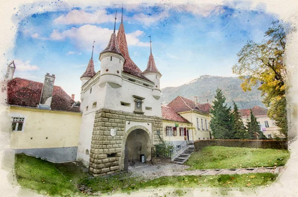 Puerta Catalina Ciudad Vieja Brasov Transilvania Rumania Puerta Ecaterina Acuarela —  Fotos de Stock