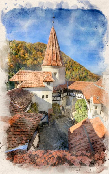 Castelo Bran Drácula Bran Transilvânia Romênia Ilustração Estilo Aquarela Torre — Fotografia de Stock