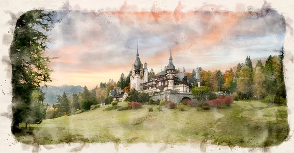 Romanya 'nın Sinaia kentindeki Peles Kalesi suluboya resim sanatında. Avrupa 'daki Karpat Dağları' nın simgesi