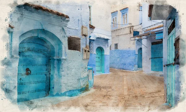 CheFCHAOUEN, suluboya stilinde MoroCCO. Geleneksel Fas mimari detayları ve boyalı evler. Çiçekli sokak ve kemerli parlak mavi duvarlar. Mavi şehir