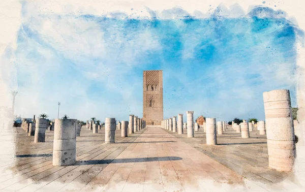 Hassan Tower Jest Historycznym Budynkiem Przeciwnej Stronie Mauzoleum Mahometa Stolicy — Zdjęcie stockowe