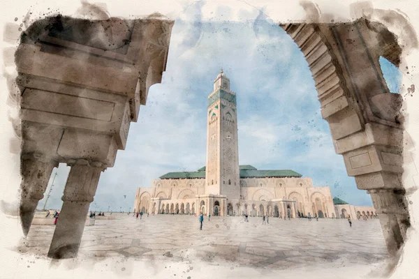 Pittura Acquerello Stilizzata Della Moschea Hassan Casablanca Marocco Più Grande — Foto Stock