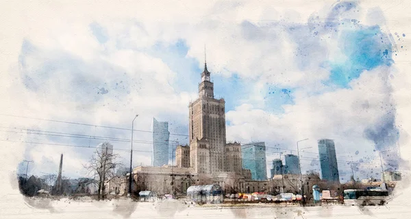 Varşova Polonya Sovyet Döneminden Kalma Kültür Bilim Sarayı Modern Gökdelenleri — Stok fotoğraf