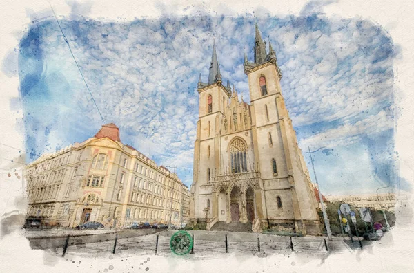 Kostel Antonna Paduanskeho Kyrkan Anthony Padua Prag Tjeckien Illustration Akvarell — Stockfoto