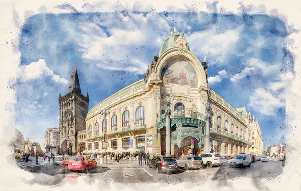 Prag Tjeckien Kommunhuset Och Powder Tower Illustration Akvarell — Stockfoto