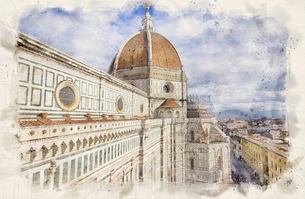 Akwarelowa Ilustracja Florencji Włochy Katedra Santa Maria Del Fiore Duomo — Zdjęcie stockowe