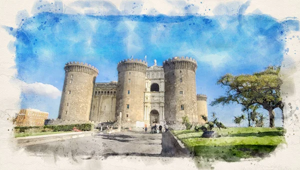 Castel Nuovo Napoli Nowy Zamek Neapol Włochy Ilustracja Stylu Akwarela — Zdjęcie stockowe