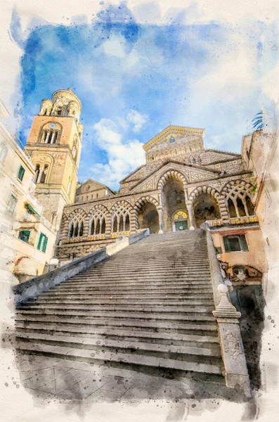 Der Glockenturm Der Kathedrale Von Amalfi Italien Die Treppe Und — Stockfoto