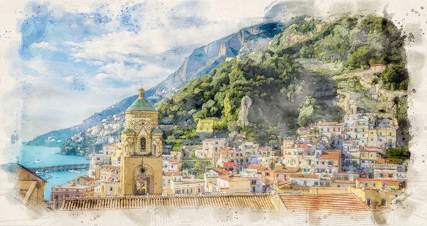 Beautiful View Amalfi Village Italy Colorful Houses Mediterranean Sea Watercolor — Stock Photo, Image
