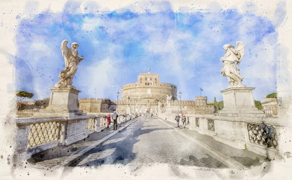 ローマ イタリア サンタンジェロ城 聖天使の城 またはハドリアヌスの霊廟 水彩画風イラスト — ストック写真
