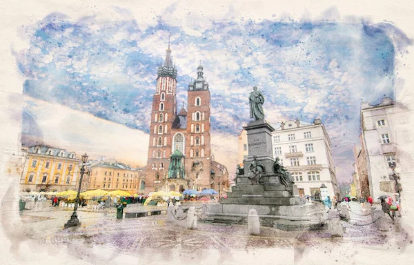 Krakow Poland Mary Bazilikası Mariacki Kilisesi Adam Mickiewicz Anıtı Krakow — Stok fotoğraf