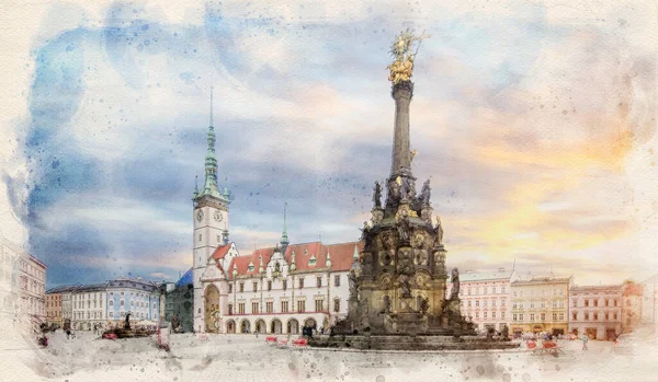 Olomouc全景 捷克共和国 广场和三位一体的圣塔 水彩画 — 图库照片