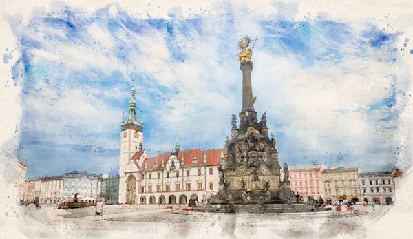 Panorama Van Olomouc Tsjechië Het Plein Heilige Drievuldigheidszuil Aquarel Stijl — Stockfoto