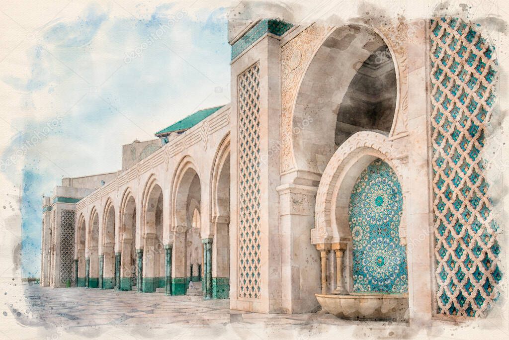 Stylized watercolor sketch painting of The Hassan II Mosque in Casablanca, Morocco. The largest mosque in Morocco and one of the most beautiful. Retro style postcard.