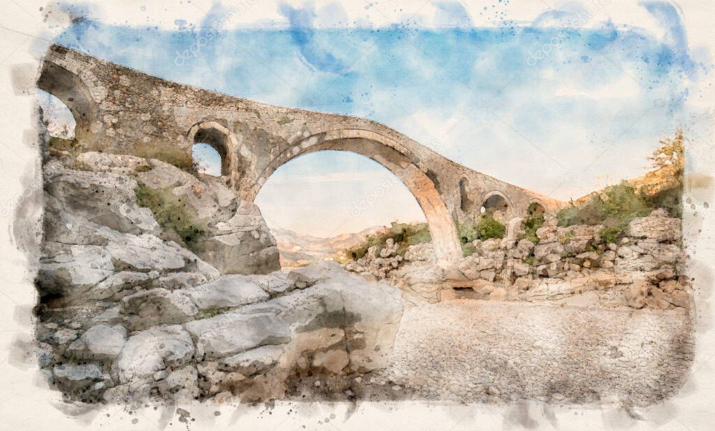 The Mesi bridge (Ura e Mesit) in Mes, Albania, near Shkoder . An old stone Ottoman bridge - the largest in the country. Watercolor style illustration
