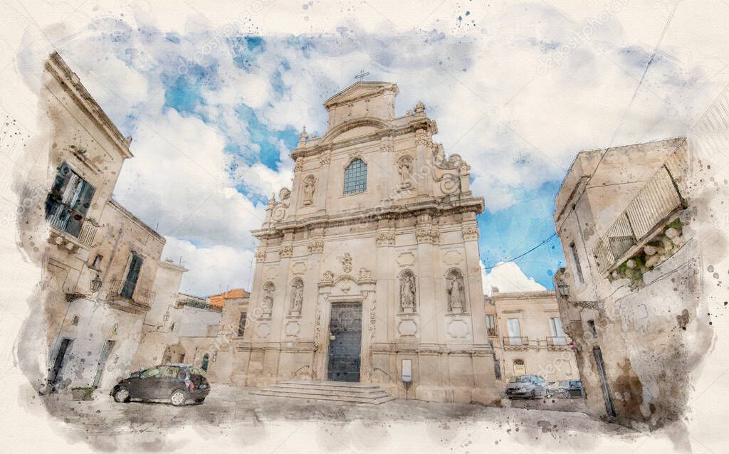 Lecce, Puglia, Italy. Church di Santa Maria della Provvidenza o delle Alcantarine. Catholic roman church (chiesa). Watercolor style illustration
