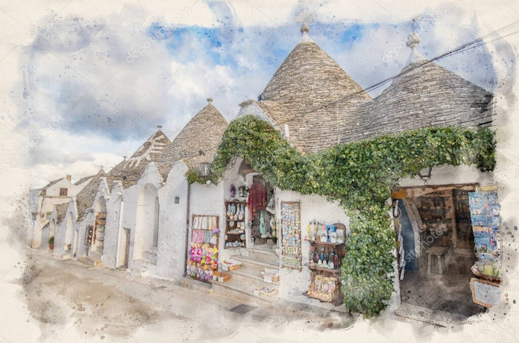 ALBEROBELLO, PUGLIA, ITALY. View of famous Trulli, the characteristic cone-roofed white houses of the Itria Valley. Watercolor style illustration