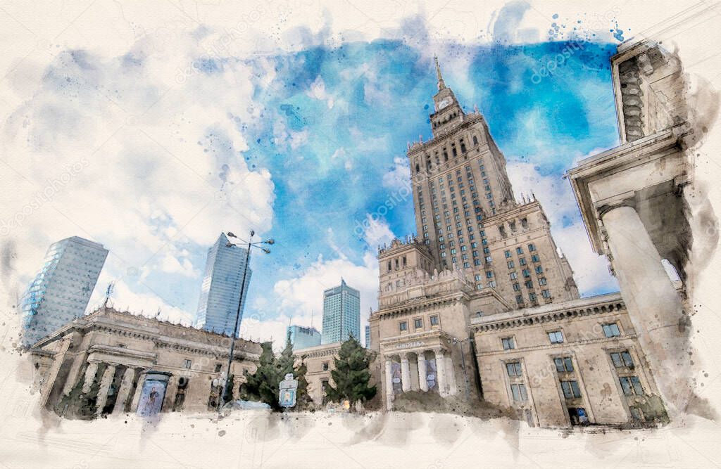 Warsaw, Poland. Panorama at skyline of Warsaw (Warszawa) with soviet era Palace of Culture and science and modern skyscrapers. Watercolor style illustration
