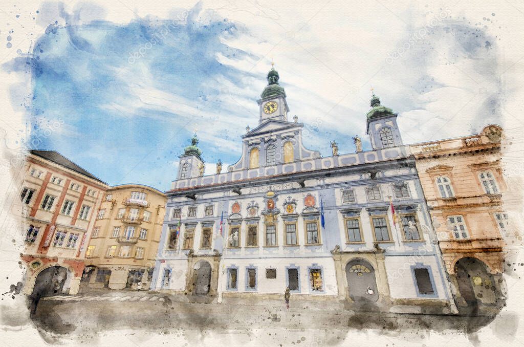 CESKE BUDEJOVICE, CZECH REPUBLIC. The main square with the Renesance Town Hall. Watercolor style illustration