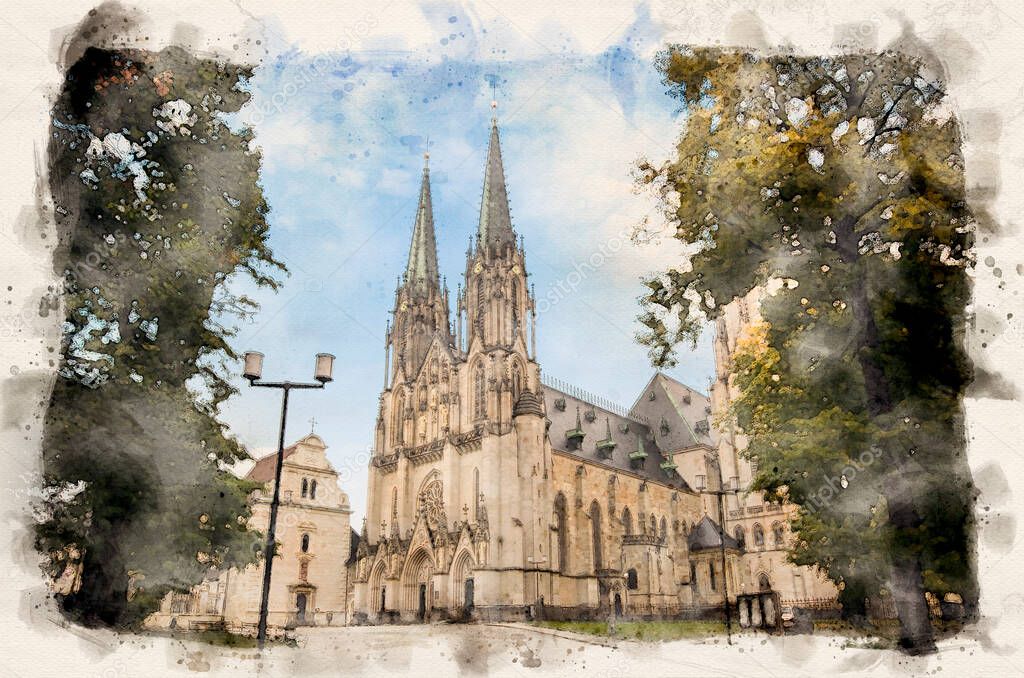 Saint Wenceslas Cathedral,a gothic cathedral at Wenceslas square in Olomouc, Czech Republic. Watercolor style illustration